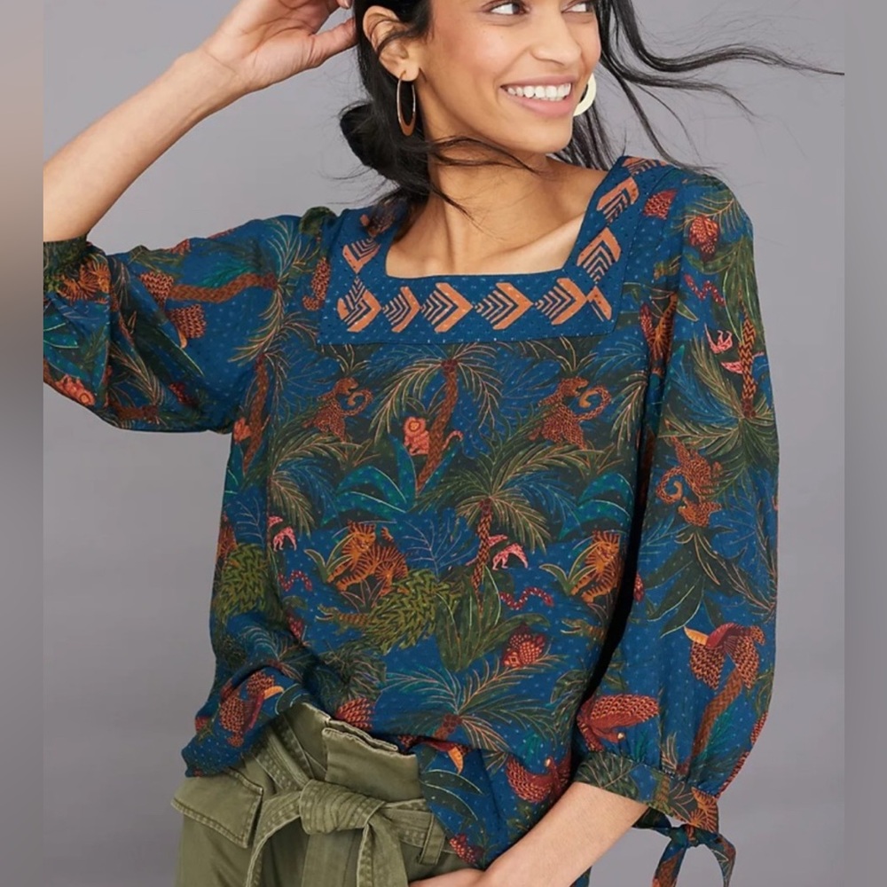 FARM Rio Blue and Green Tropical Print Top